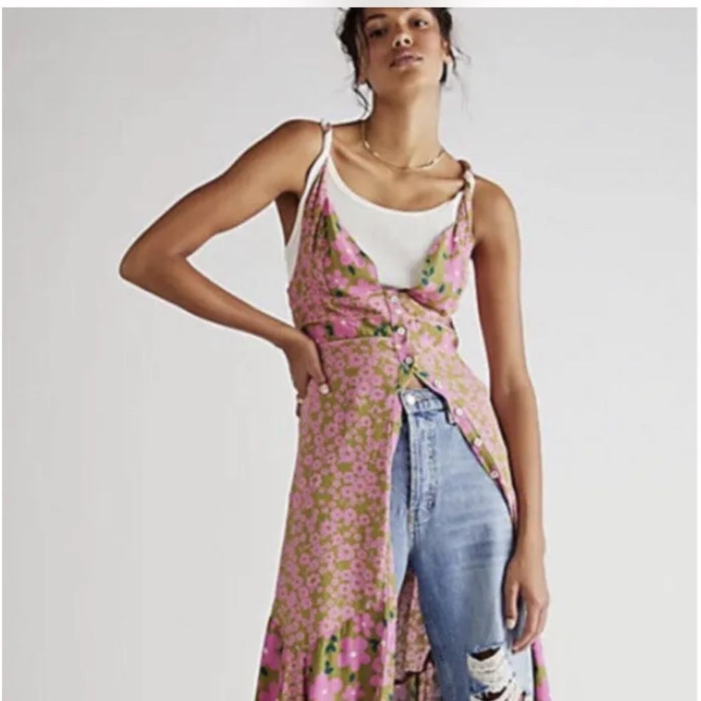 Free People Dewberry Floral Maxi Dress Printed Button Back CrossStrap Pink Olive - Picture 1 of 5